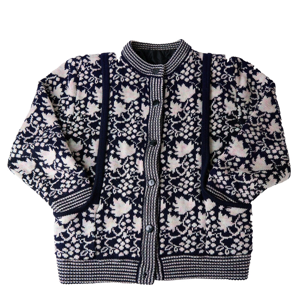 Vtg Womens Knit Cardigan Sweater L Floral Quilted Lined Cottage Boho Folk Flower